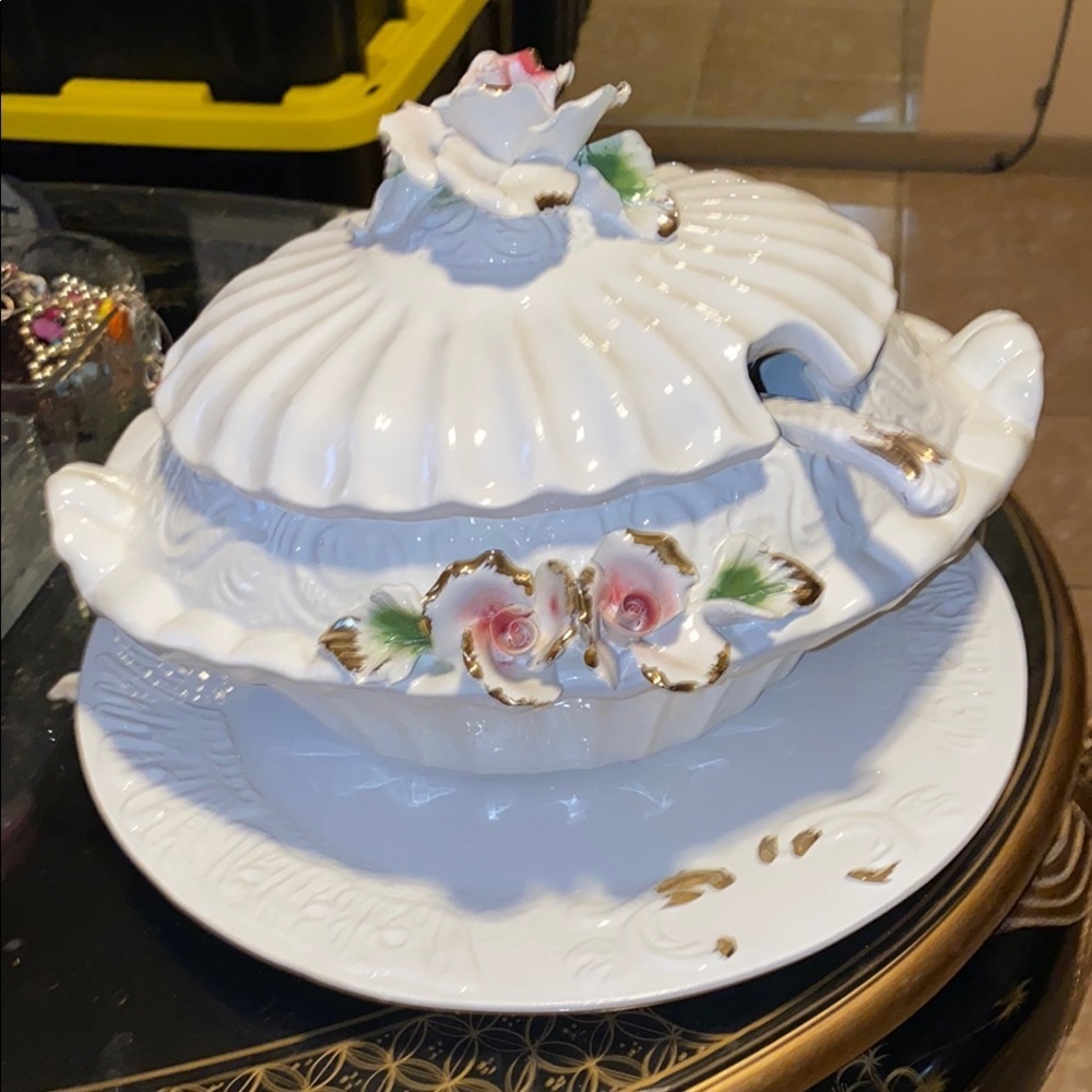 Elegant White Floral Soup Tureen with ladle and serving plate